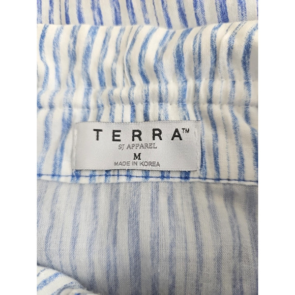 Terra-SJ Apparel~Size M~White/Blue Striped 3/4 Sleeve Lightweight Blouse Button - Picture 2 of 11